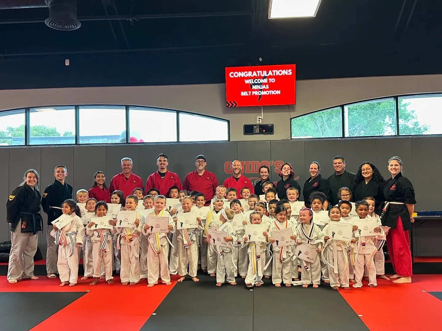 Machado Method youth students together at a belt promotion in Carrollton, TX